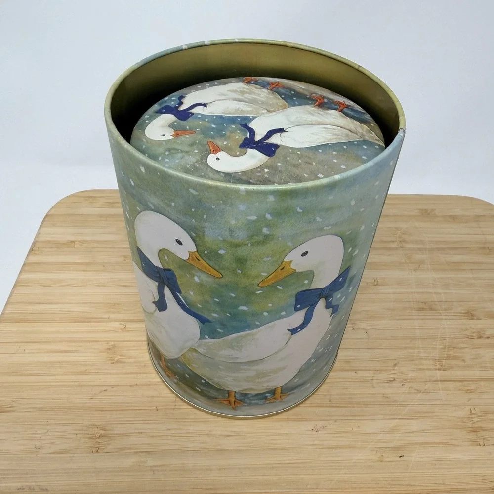 Vintage White Goose & Blue Bow Nesting Tin Canister Set of 2 Kitch Grandma Core